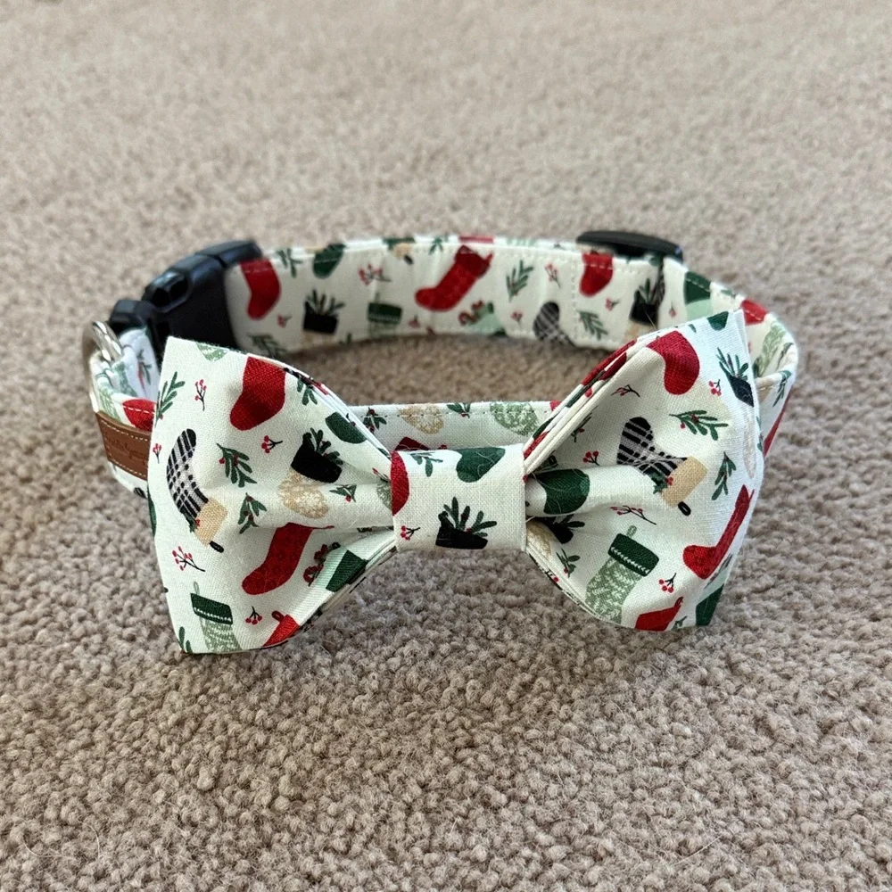 Holiday Cream Bow Tie Dog Collar with Red & Green Stocking Print